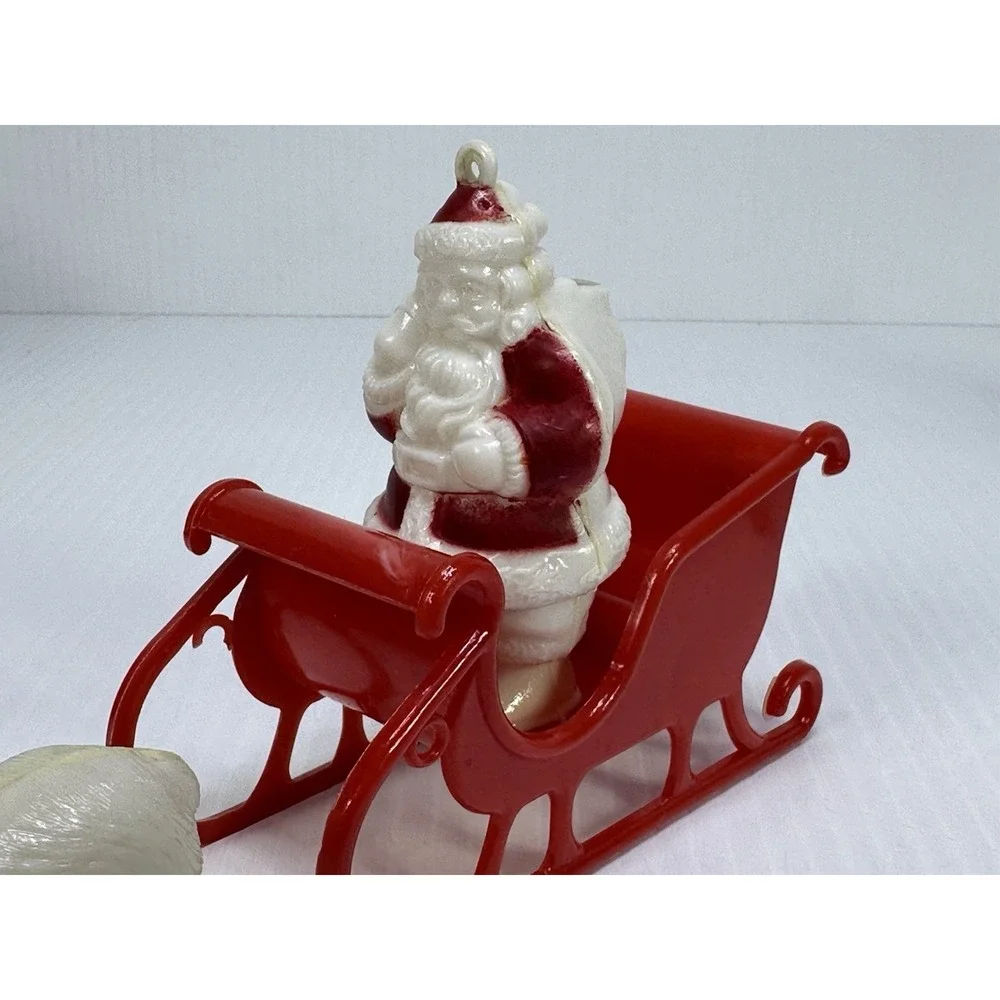 Vintage Plastic Standing Santa Claus Sleigh Pulled by Two White Reindeer